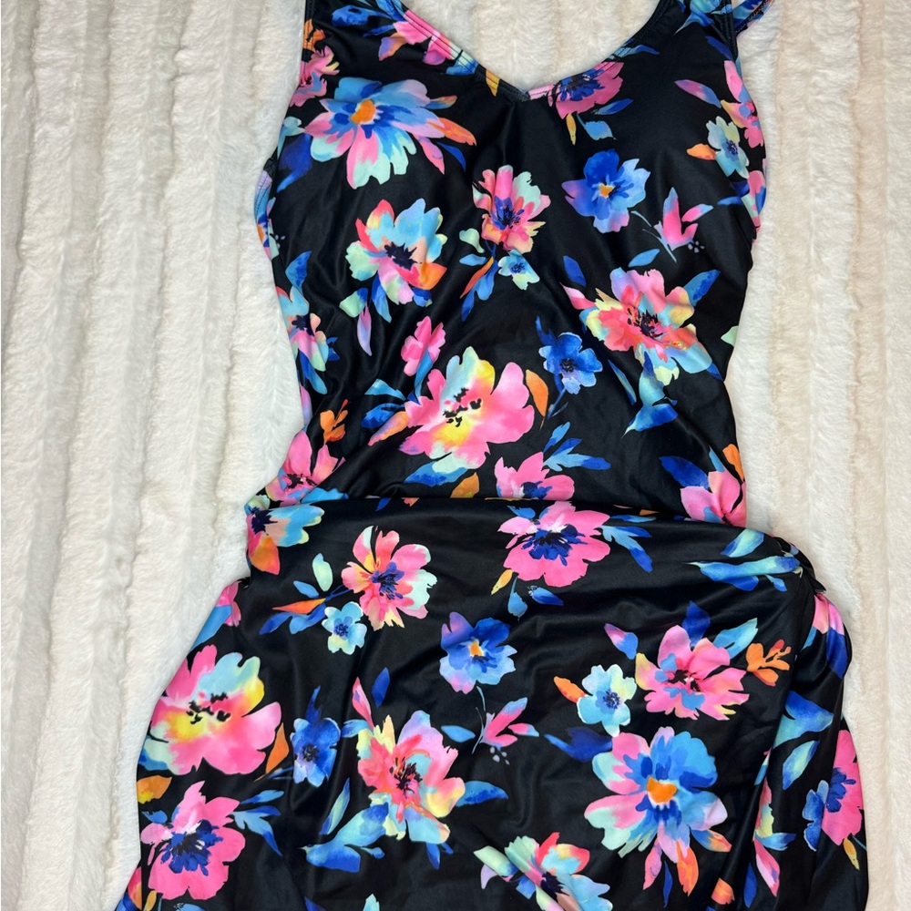 Floral women’s One Piece Swimsuit with attached wrap skirt